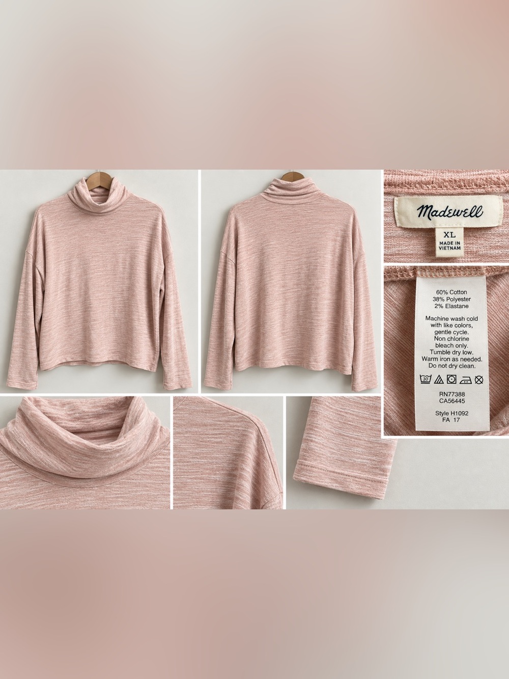 Madewell Boxy Turtleneck Top Blush Pink XL H1092